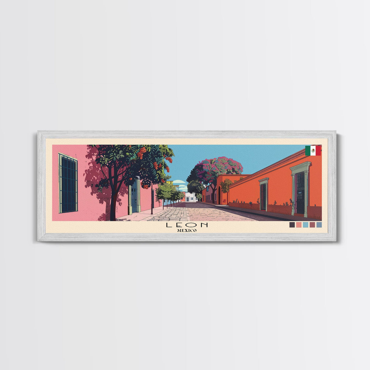 Leon, Mexico Panoramic Canvas Print, Leon, Mexico Painting, Mexico Art, Leon Travel Poster, Travel Art, Vacation Gift