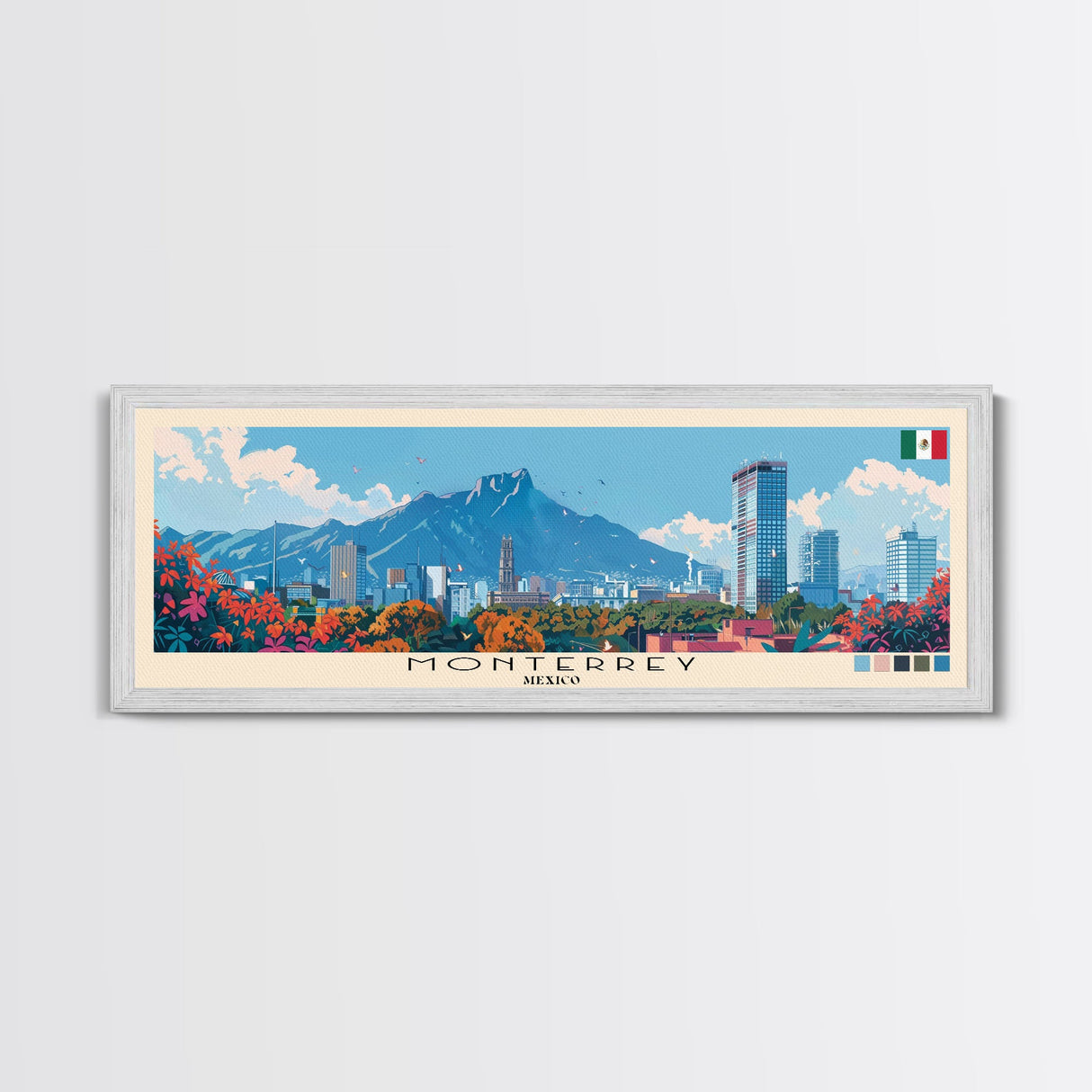 Monterrey, Mexico Panoramic Canvas Print, Monterrey, Mexico Painting, Mexico Art, Monterrey Travel Poster, Travel Art, Housewarming Gift