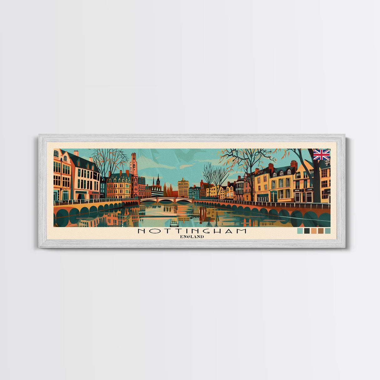 Nottingham, England Panoramic Canvas Print, Nottingham, England Painting, England Art, Nottingham Travel Poster, Travel Art, Living Room Painting