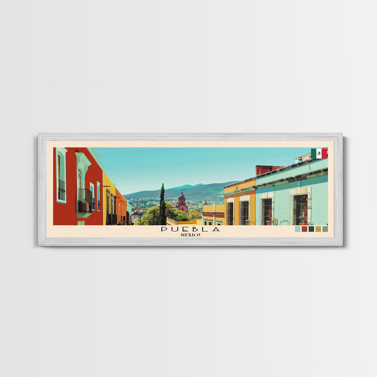 Puebla, Mexico Panoramic Canvas Print, Puebla, Mexico Painting, Mexico Art, Puebla Travel Poster, Travel Art, Living Room Painting