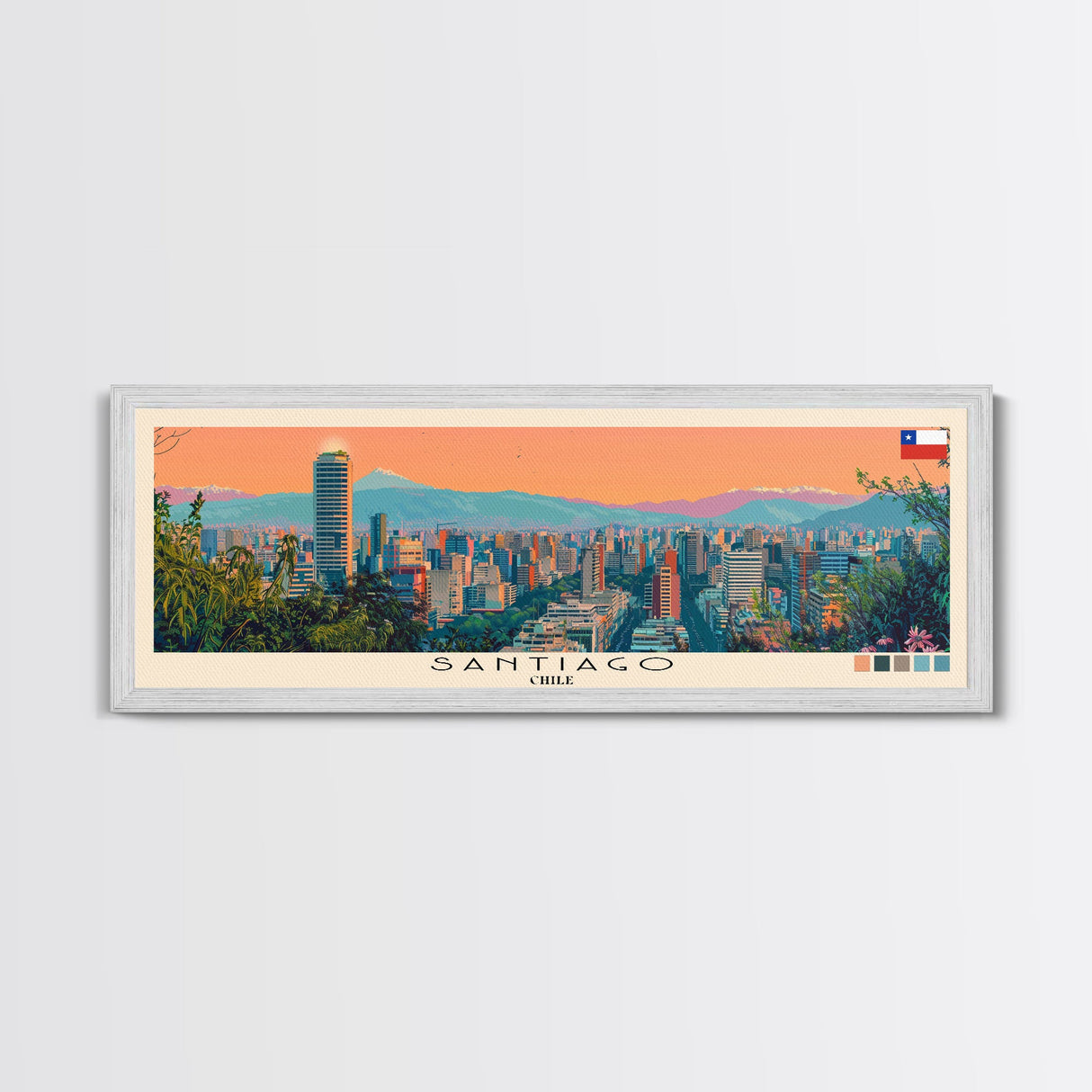 Santiago, Chile Panoramic Canvas Print, Santiago, Chile Painting, Chile Art, Santiago Travel Poster, Travel Art, Vacation Gift