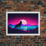 Wolf Silhouette Full Moon Purple Sky Ocean Sea Landscape Wall Art Print, Fine Art Print, Wall Decor, Wall Poster