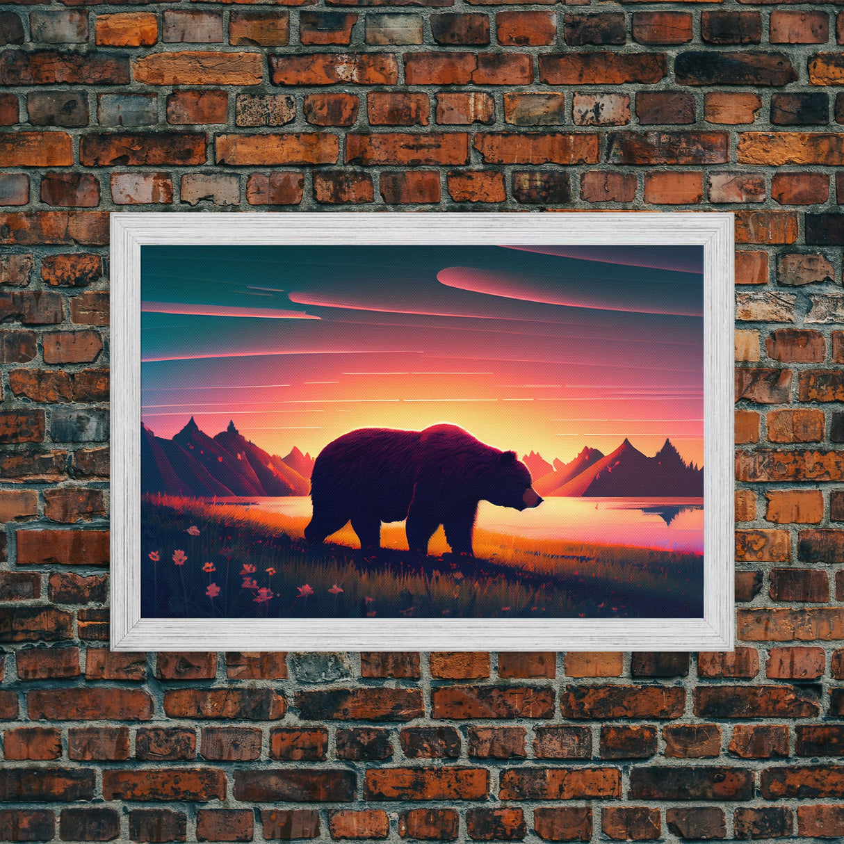 Grizzly bear at sunset, cool nature art, animal print, framed canvas print, wall decor for bedroom / guest room