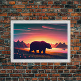 Grizzly bear at sunset, cool nature art, animal print, framed canvas print, wall decor for bedroom / guest room