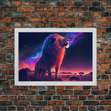 The Lion and the Galaxy, unique vibrant synthwave wall art, framed canvas print, animal lion print