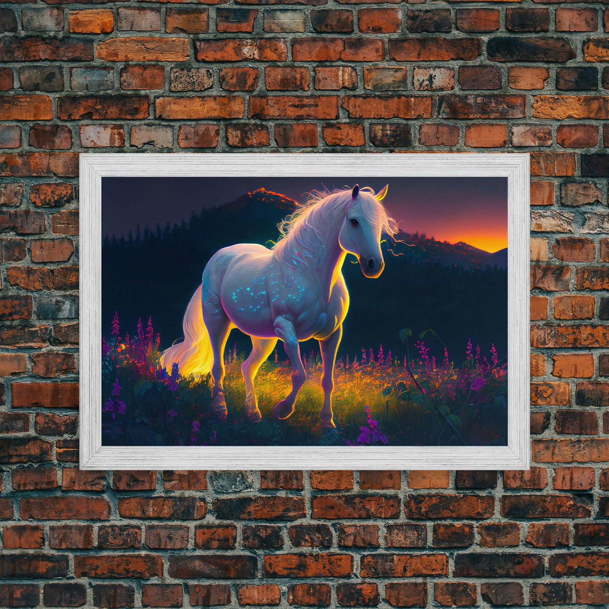 Vibrant portrait of a white horse in a field of flowers, vaporwave aesthetic art, animal prints, framed canvas print, colorful wall art