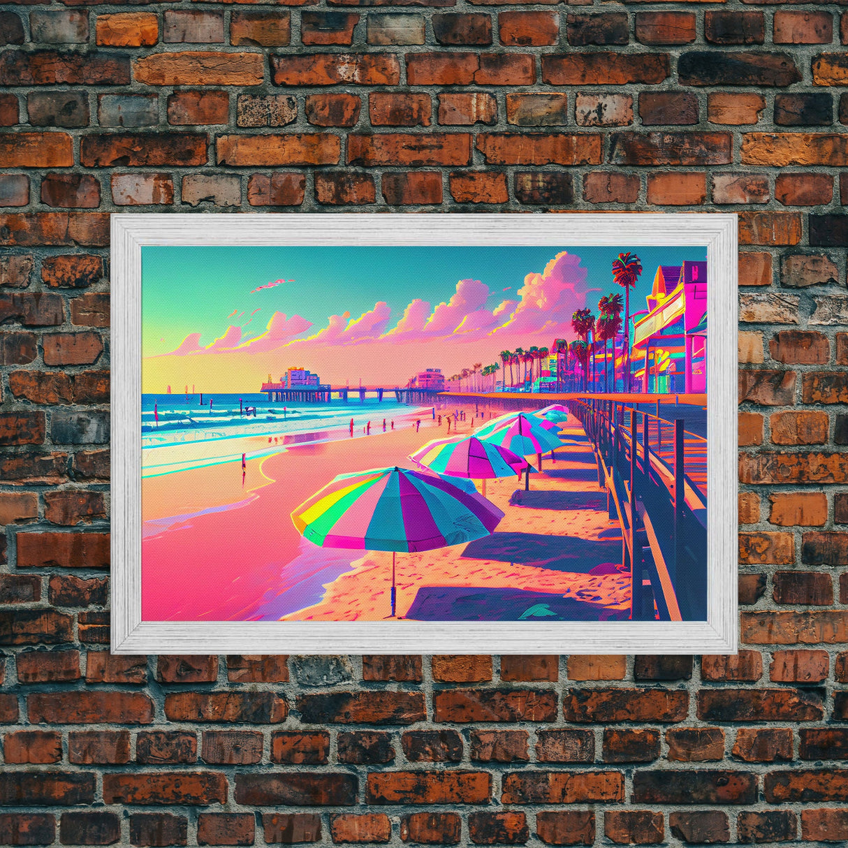 Neon Pastel wall art, vaporwave aesthetic boardwalk, neon beach, framed canvas print