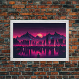 City Mountains Landscape Sea Ocean Moon Purple Wall Art Print, Wall Decor, Fine Art Print, Wall Poster