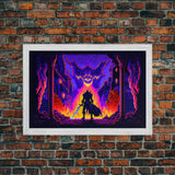 8 bit Pixel art, RPG video game concept art, Paladin faces the Dragon, synthwave style, framed canvas print