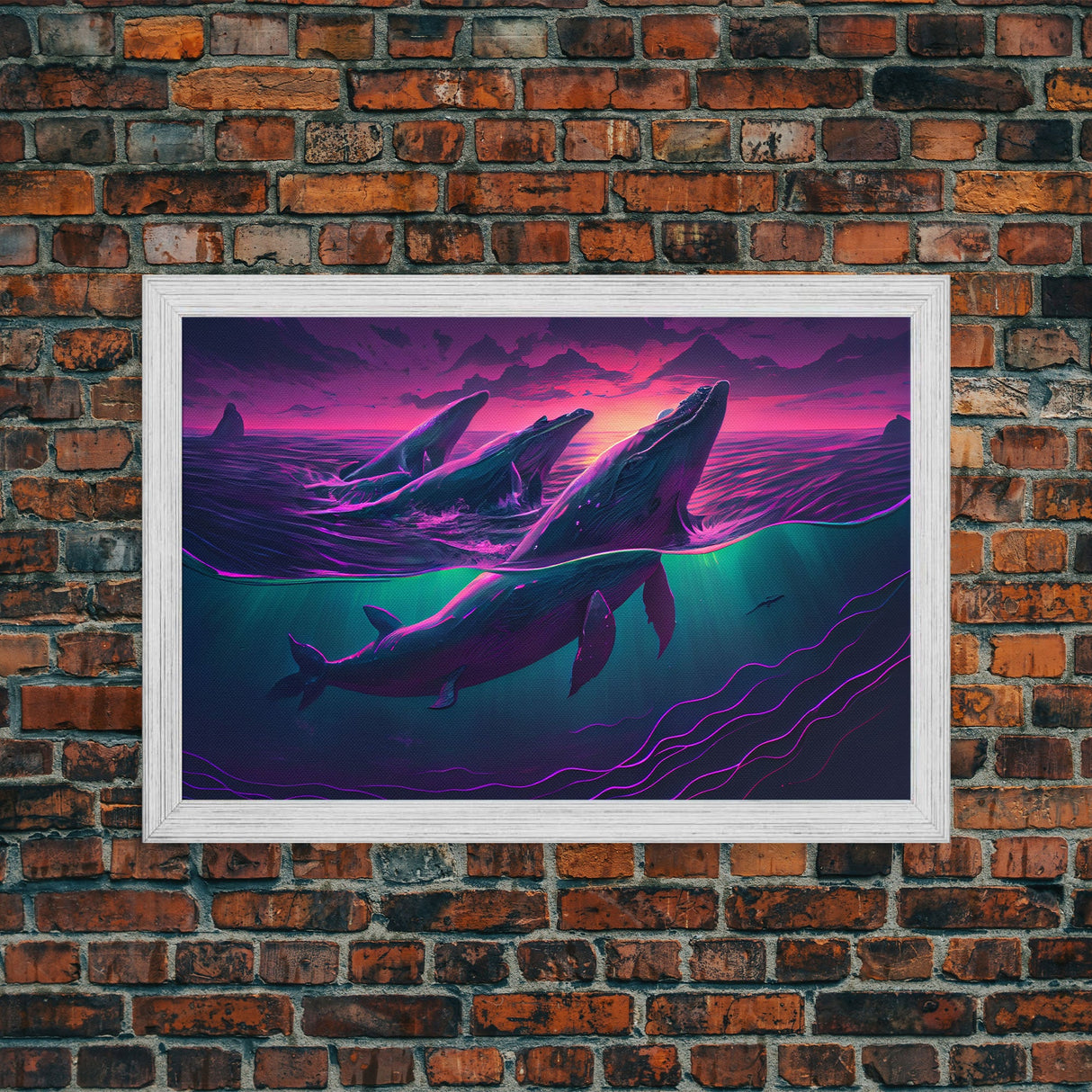 3 Blue Whales Breaching at Sunset, vaporwave synthwave ocean art, framed canvas print