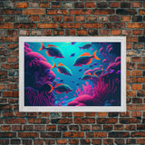 Coral Reef art, synthwave aesthetic ocean art, school of fish, framed canvas art, framed wall art canvas print