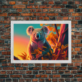 Cute Koala bear at sunset, vaporwave animal art, framed canvas print, framed wall art, ready to hang