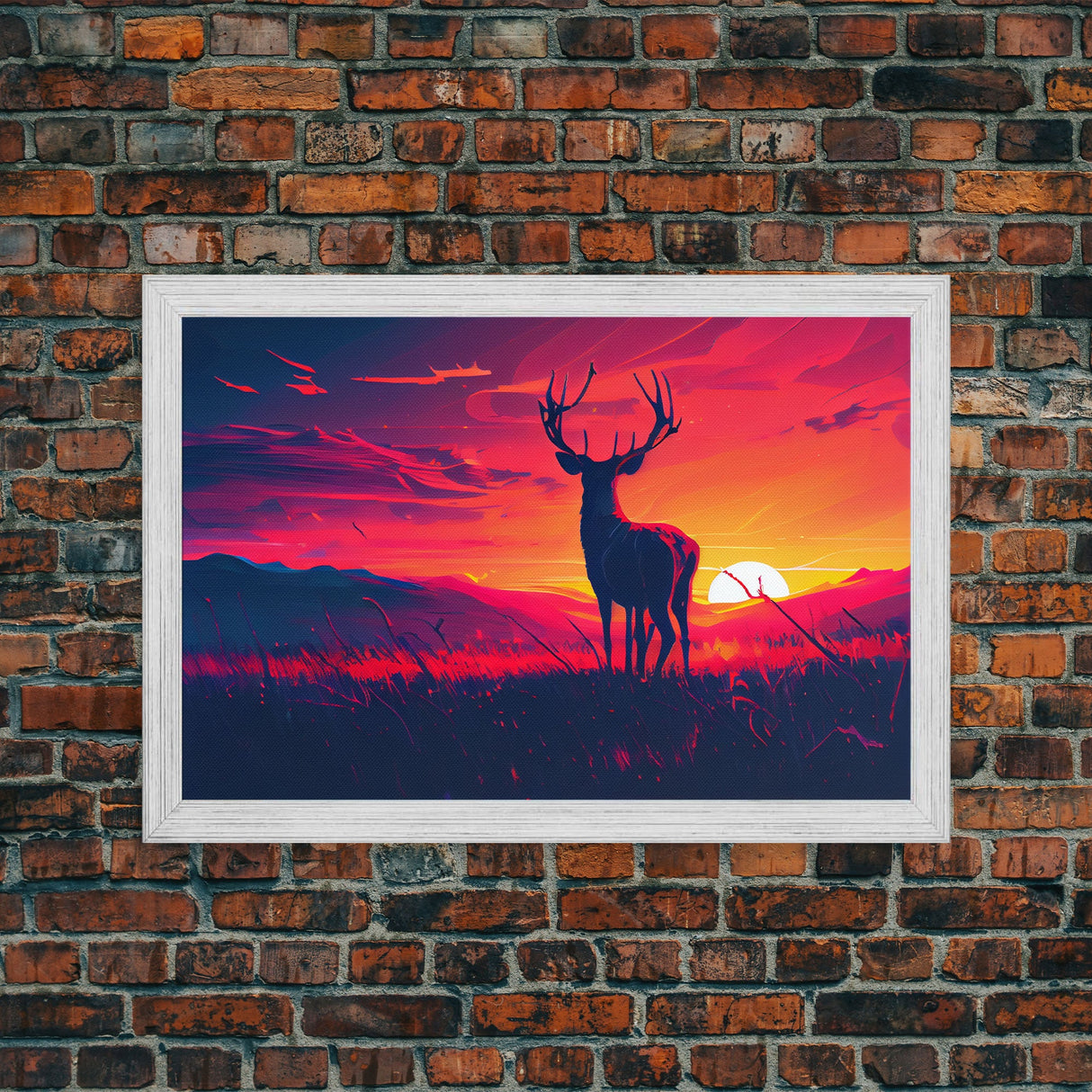 12 point buck, Sunset, framed canvas print, gift for a hunter