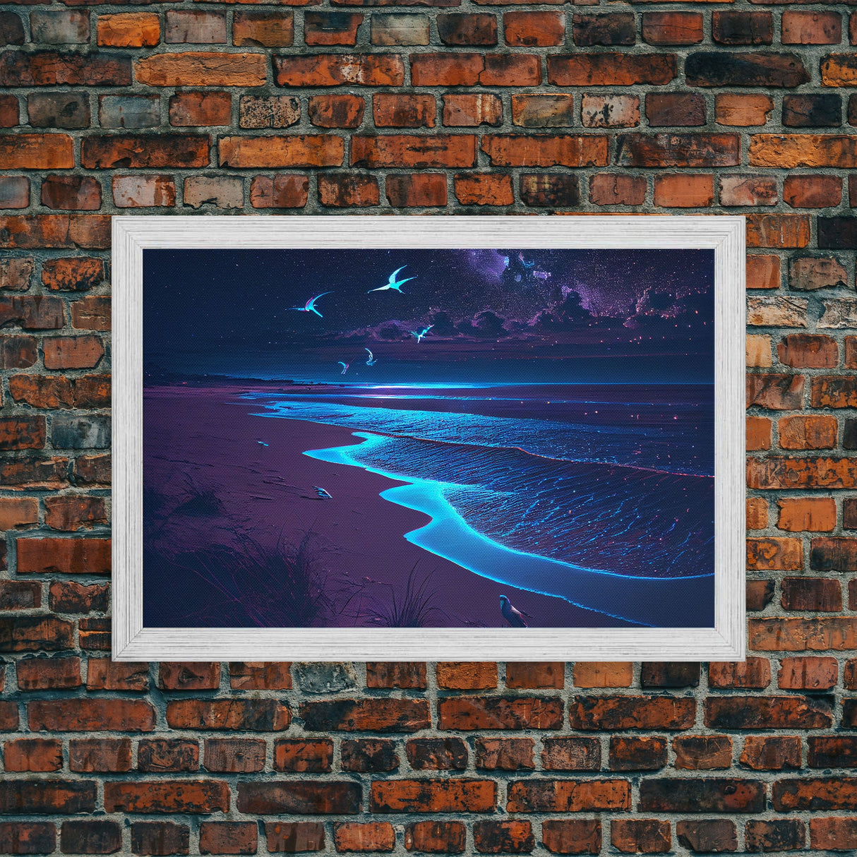 Vaporwave Starry night over a calm beach, watercolor, framed canvas print, synthwave wall art aesthetic