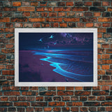 Vaporwave Starry night over a calm beach, watercolor, framed canvas print, synthwave wall art aesthetic