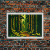 Among The Tall Trees, Beautiful forest 8 bit pixel art, framed canvas print, game room art