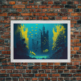 Underwater castle fantasy art, 8 bit pixel art for videogame room, framed canvas print