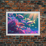 Tropical Reef Art, vaporwave pastel ocean fish art, school of fish art, framed canvas print