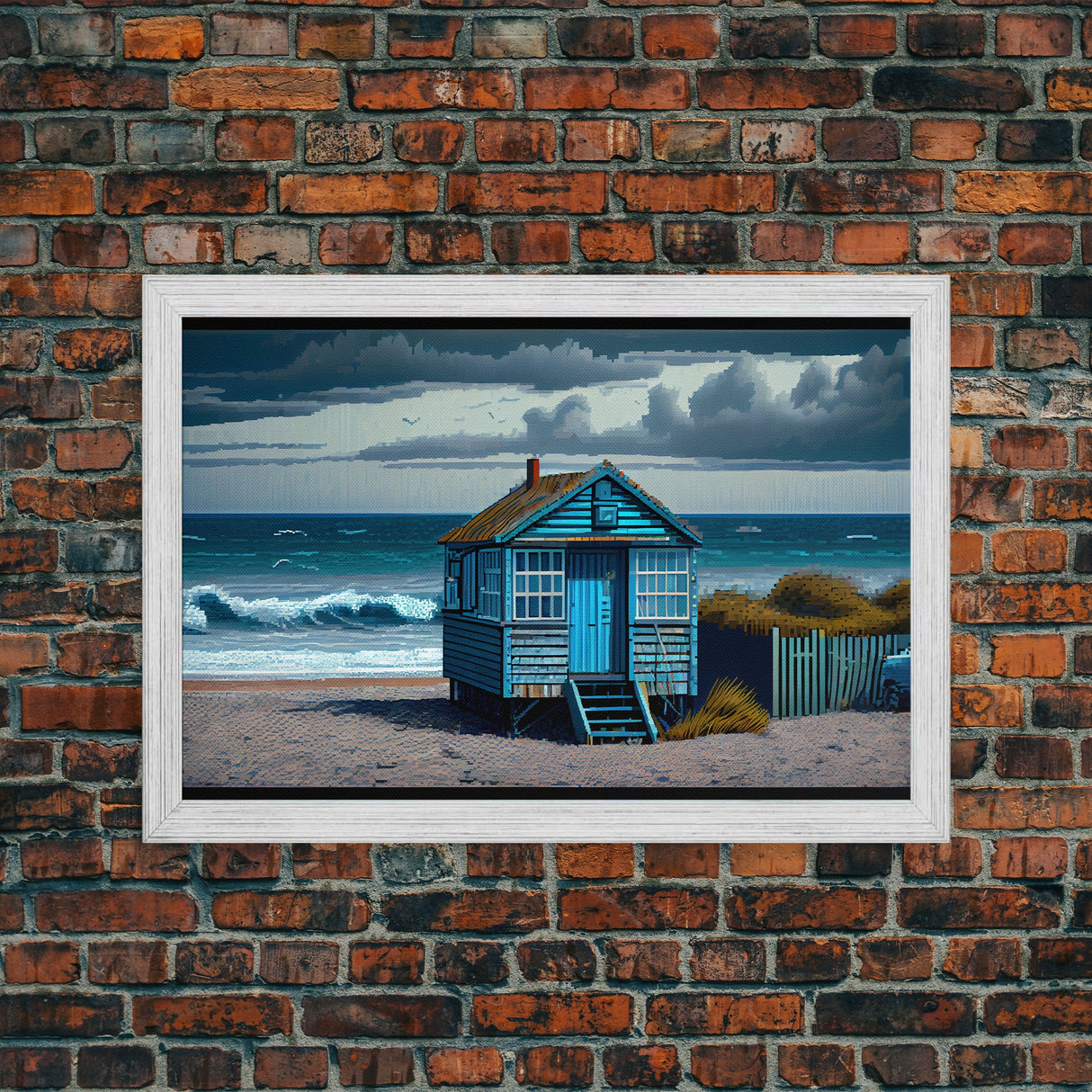 Sea side shack pixel art, New England style beach art, framed canvas print, beautiful lake house art