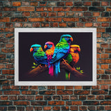 Tropical birds, vibrant and colorful animal print, parrots, framed canvas print, Framed wall art