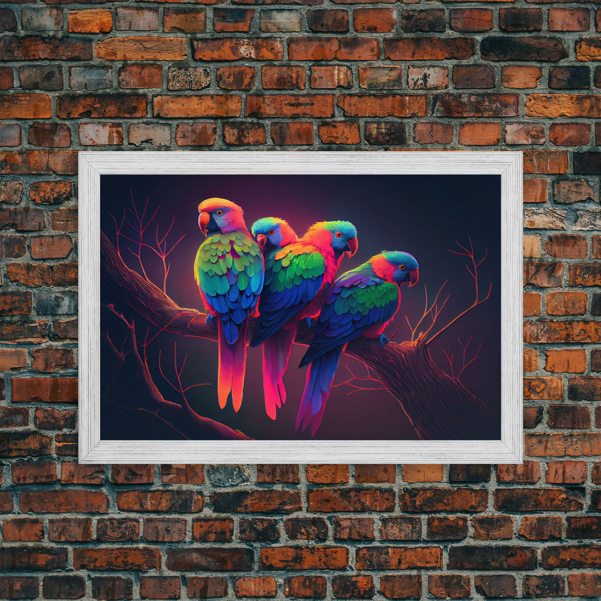 Tropical birds, vibrant and colorful animal print, parrots, framed canvas print, Framed wall art