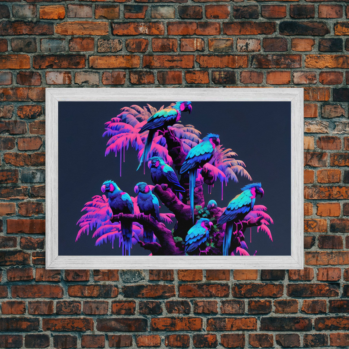 Synthwave Tropical Birds, Parrot Art, Framed canvas print, framed wall decor, vaporwave animal print