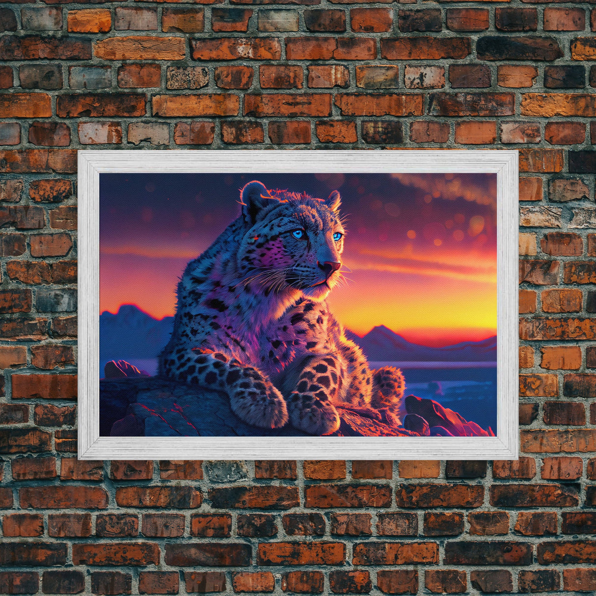 Portrait of a leopard at sunset, vaporwave art, framed canvas print, framed wall art, animal prints