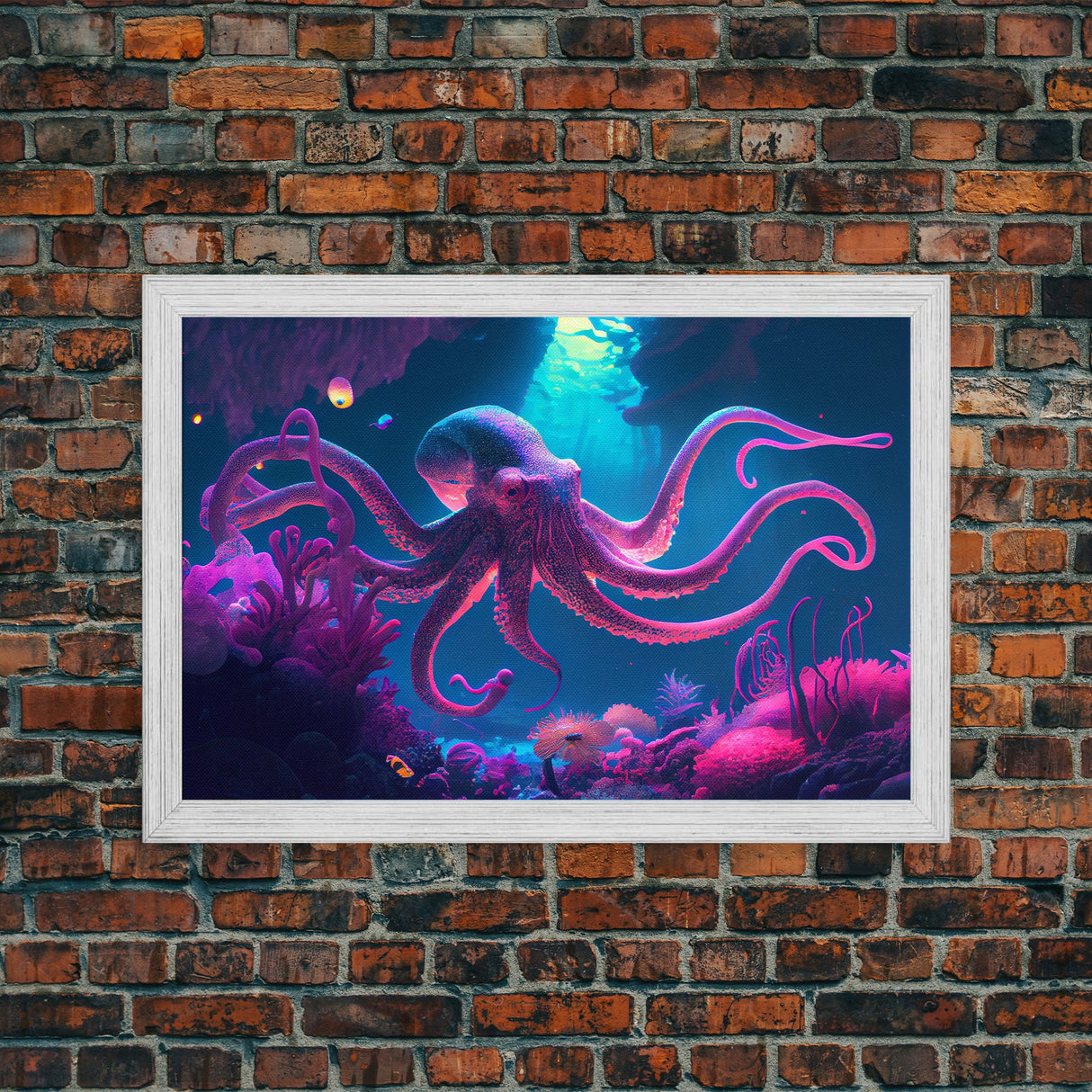 Pink Octopus, Ocean art, aquarium art, framed canvas print, vaporwave pastel art