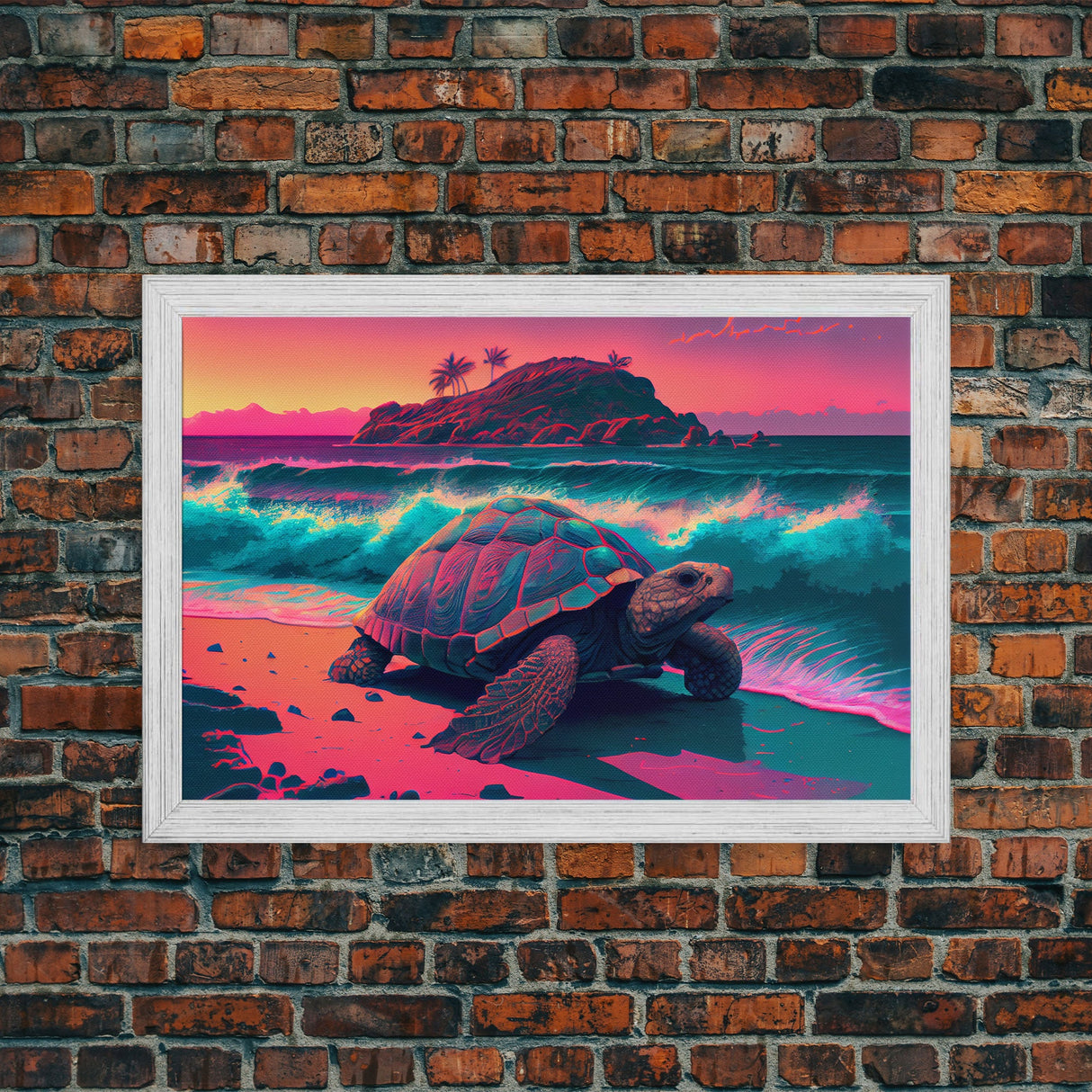 Sea Turtle On Seashore Beach Ocean Sea Sunset Blue Pink Fine Art Print, Wall Art Print, Wall Poster, Wall Decor