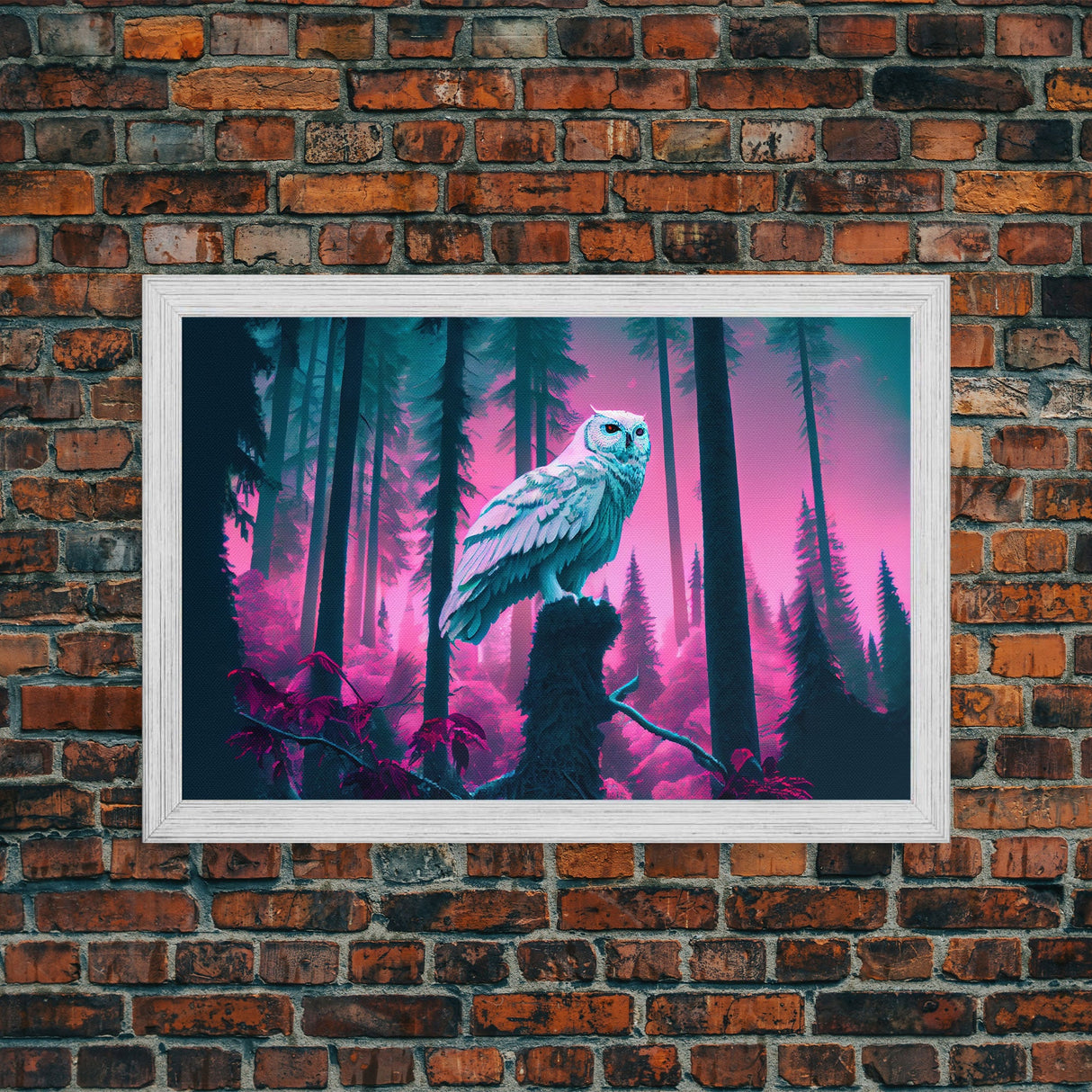 White owl in synthwave forest, vaporwave style animal print art, framed canvas print