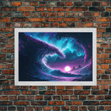 The Wave, Synthwave style ocean art, sunset in a wave, framed canvas print