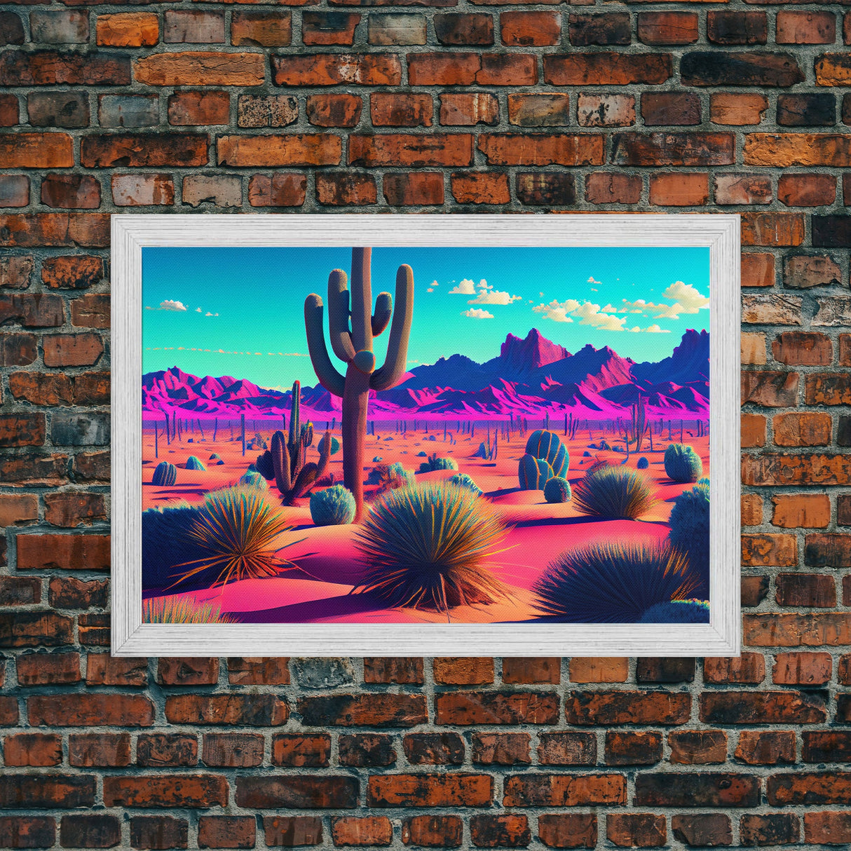 Synthwave Style Cactus Art, Retro Desert Abstract, framed canvas print, Arizona art