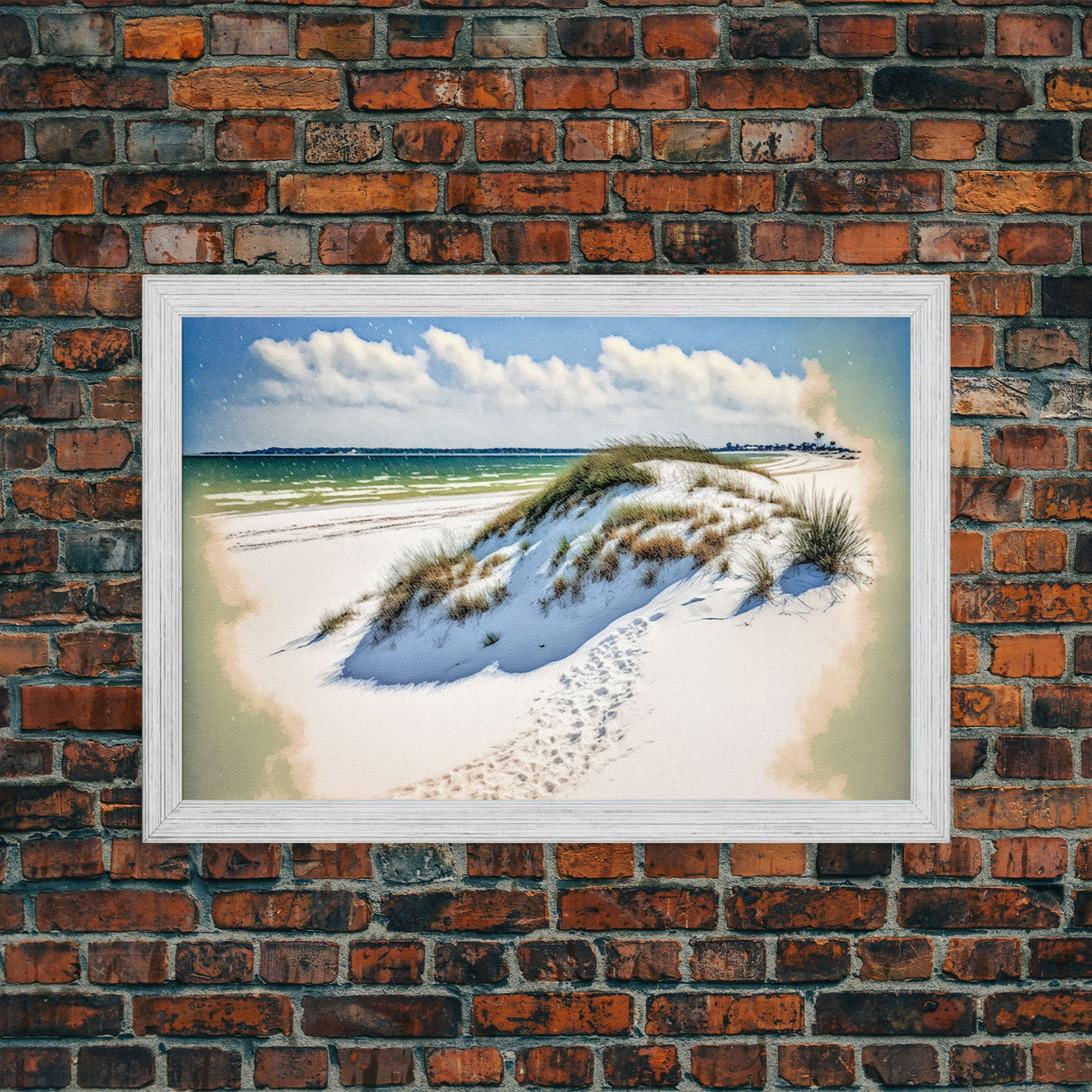 Whimsical watercolor of sand dunes on a beach, framed canvas print, beautiful living room wall art