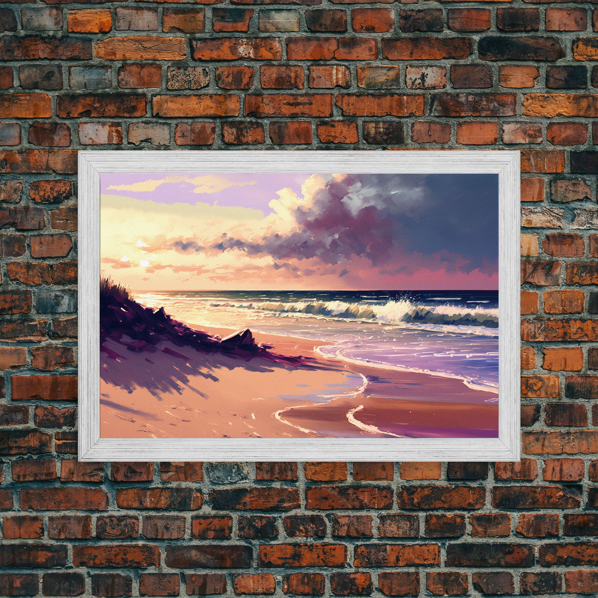 Boho Style Whimsical Beach Art, Framed Canvas Print, Minimalist Modern Farmhouse Decor, Pink Sunset Sky over the beach