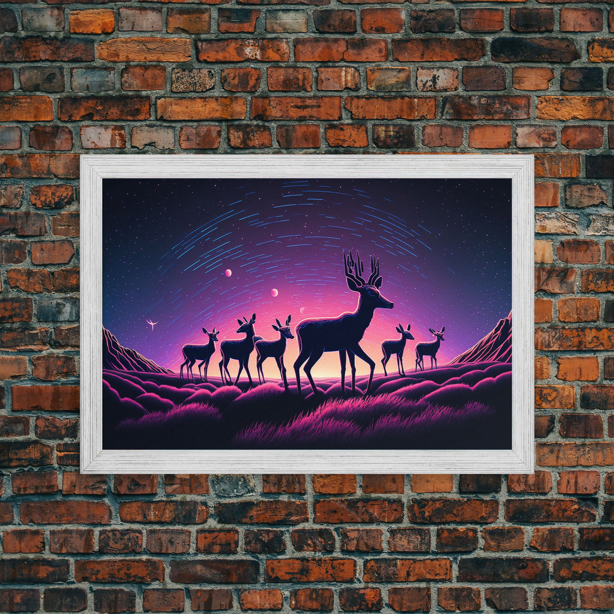 Wildlife at Night, Timelapse art, framed canvas print, synthwave style animal art