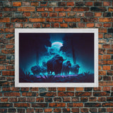 Herd of Water buffalo at midnight, full moon, retro style synthwave animal prints, framed canvas print