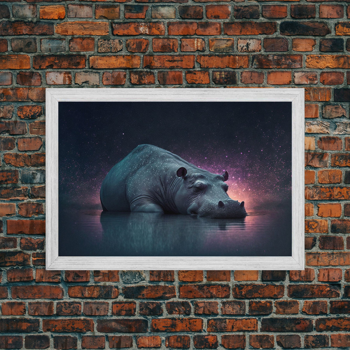 Sleepy Hippo, Animal Prints, framed canvas prints, wildlife art, starry night pastel hue art