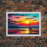 Sailing at Sunset, Watercolor Painting Canvas Print, Framed Wall Art, Unique Sunset Pop Art Ocean Landscape Decor