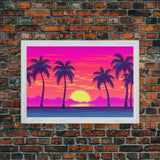 Beach sunset Wall Art, Framed Canvas Print, Colorful painting, Vibrant art, Synthwave Style, Warm Colors, Pop Art style, Tropical art