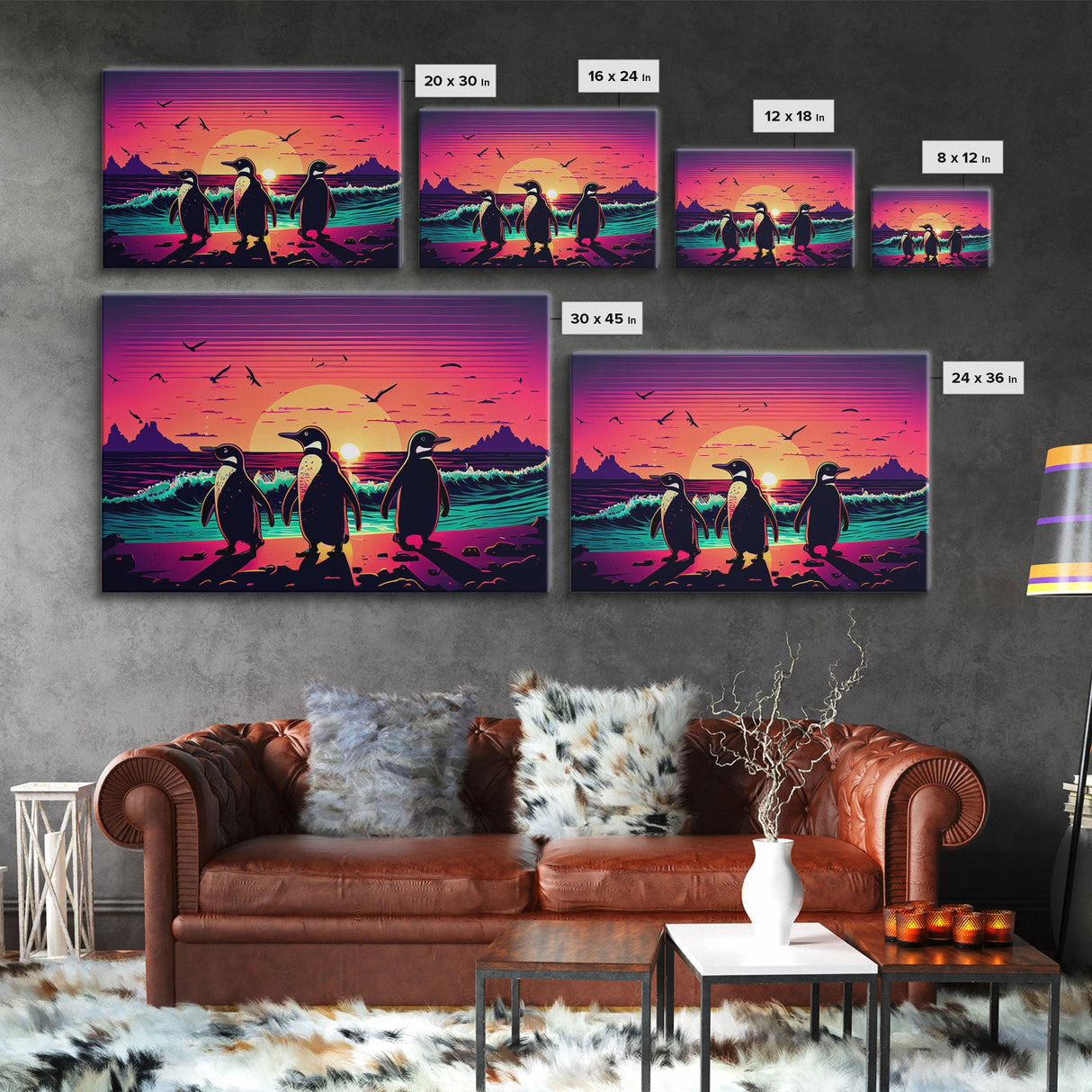 Surfing Penguins walking on the beach, retrowave art, framed canvas print, animal art