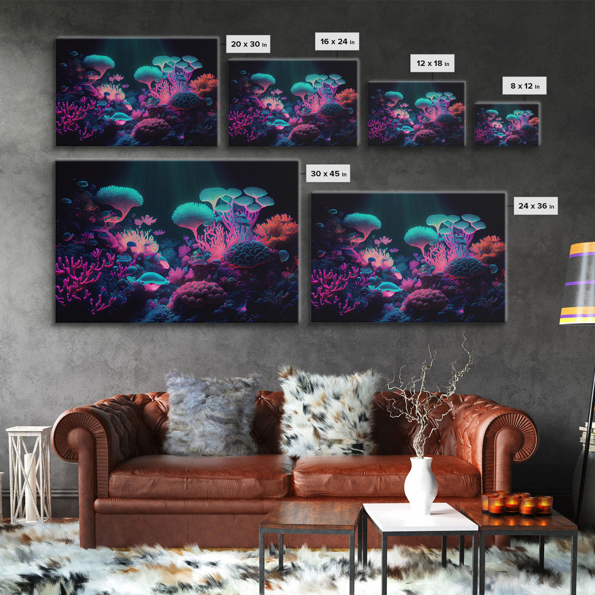 Coral Reef art, synthwave aesthetic ocean art, framed canvas art, framed wall art canvas print