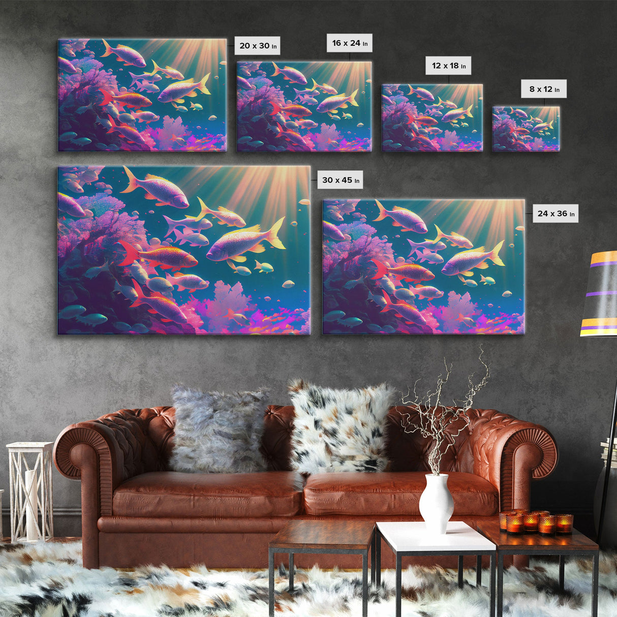 Tropical Reef Art, vaporwave pastel ocean fish art, school of fish art, framed canvas print