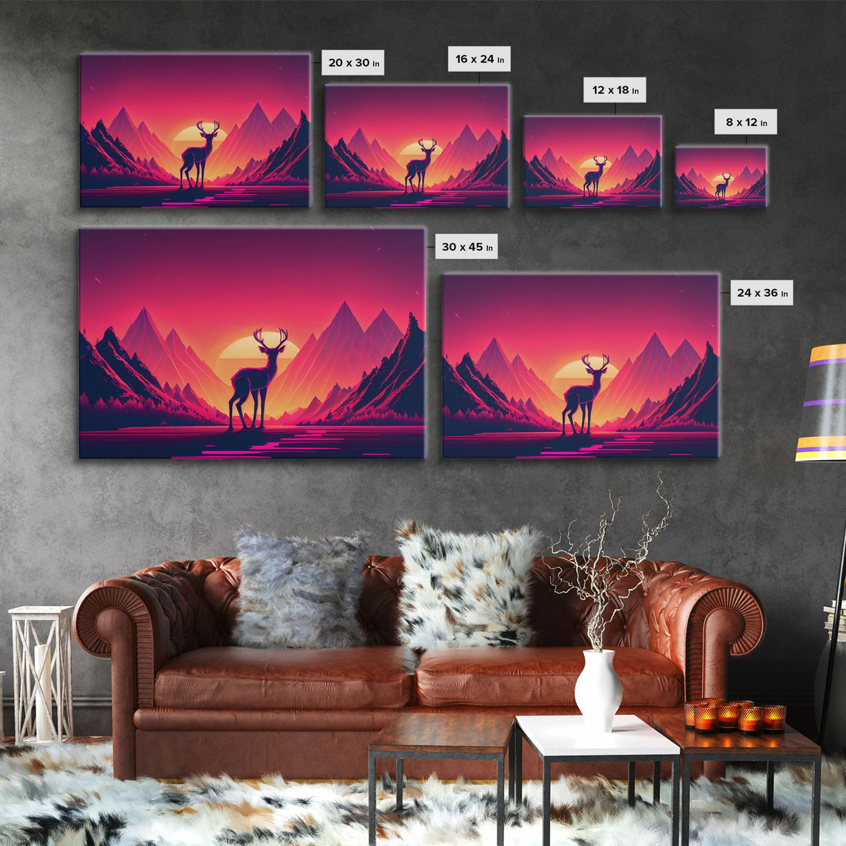 Deer at sunset, outrun style nature animal print, framed canvas print, sunrise art