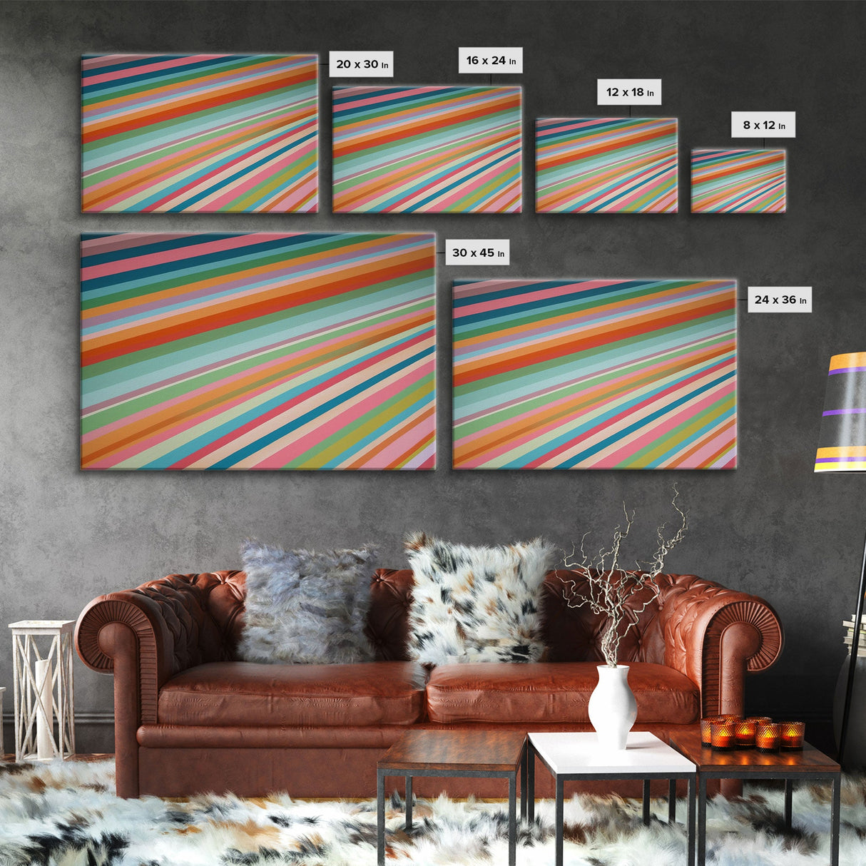 Mid Century Art Wide Framed Canvas Panoramic Art Retro Decor Modern Art Teal Orange Yellow Stripes Canvas Print Modern Wall Art