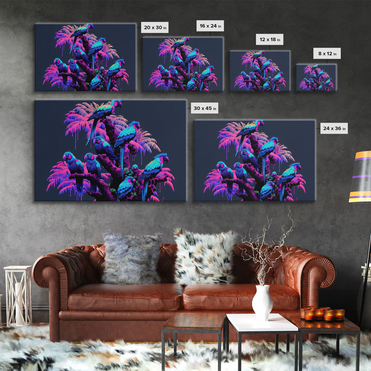 Synthwave Tropical Birds, Parrot Art, Framed canvas print, framed wall decor, vaporwave animal print