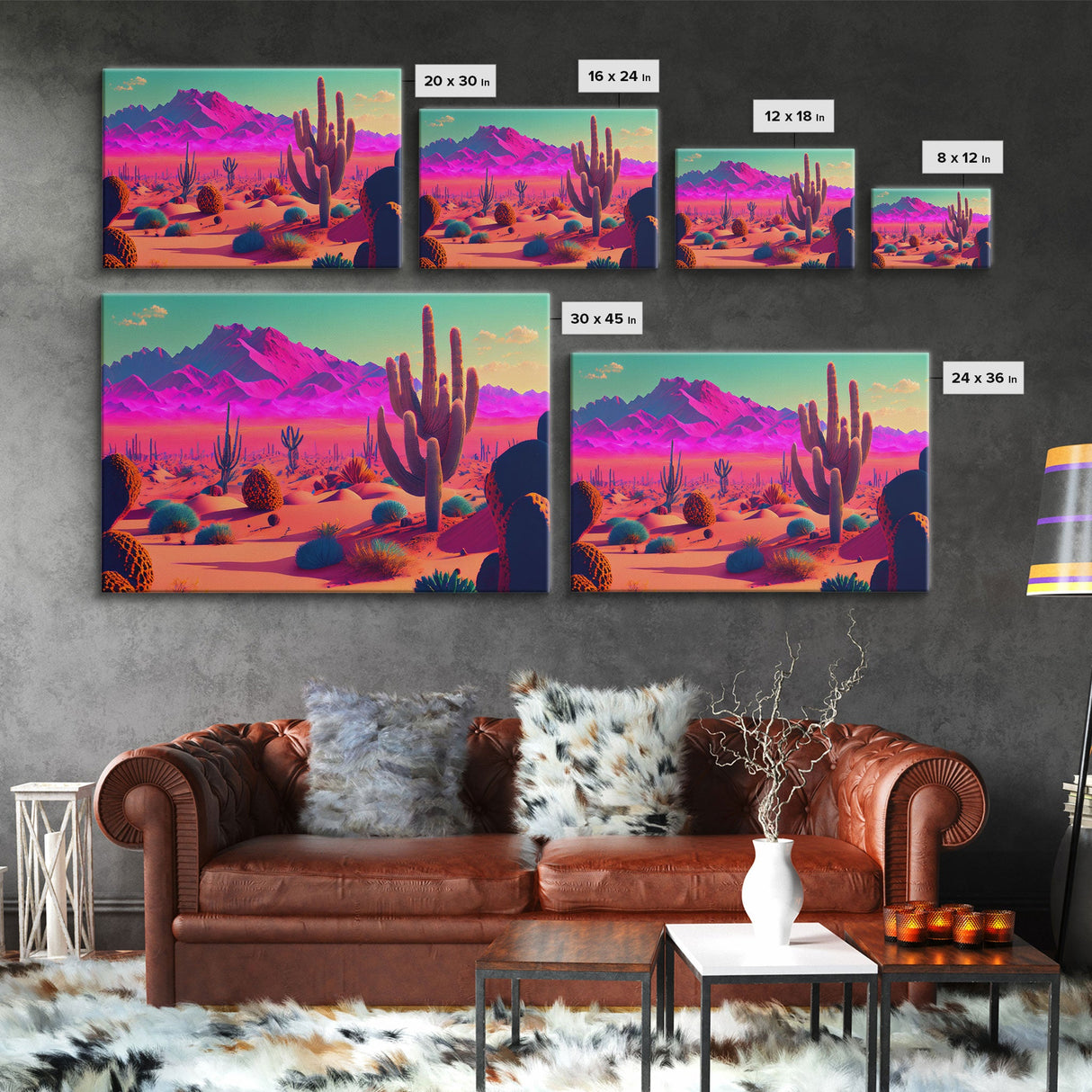 Vaporwave Aesthetic Cactus Art, Retro Desert Abstract, framed canvas print, Arizona art