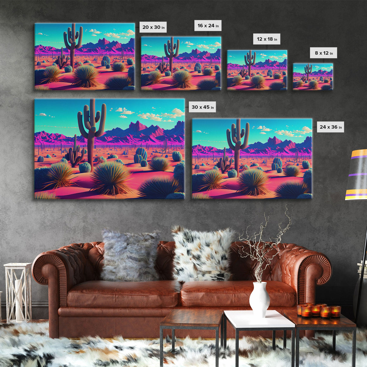 Synthwave Style Cactus Art, Retro Desert Abstract, framed canvas print, Arizona art