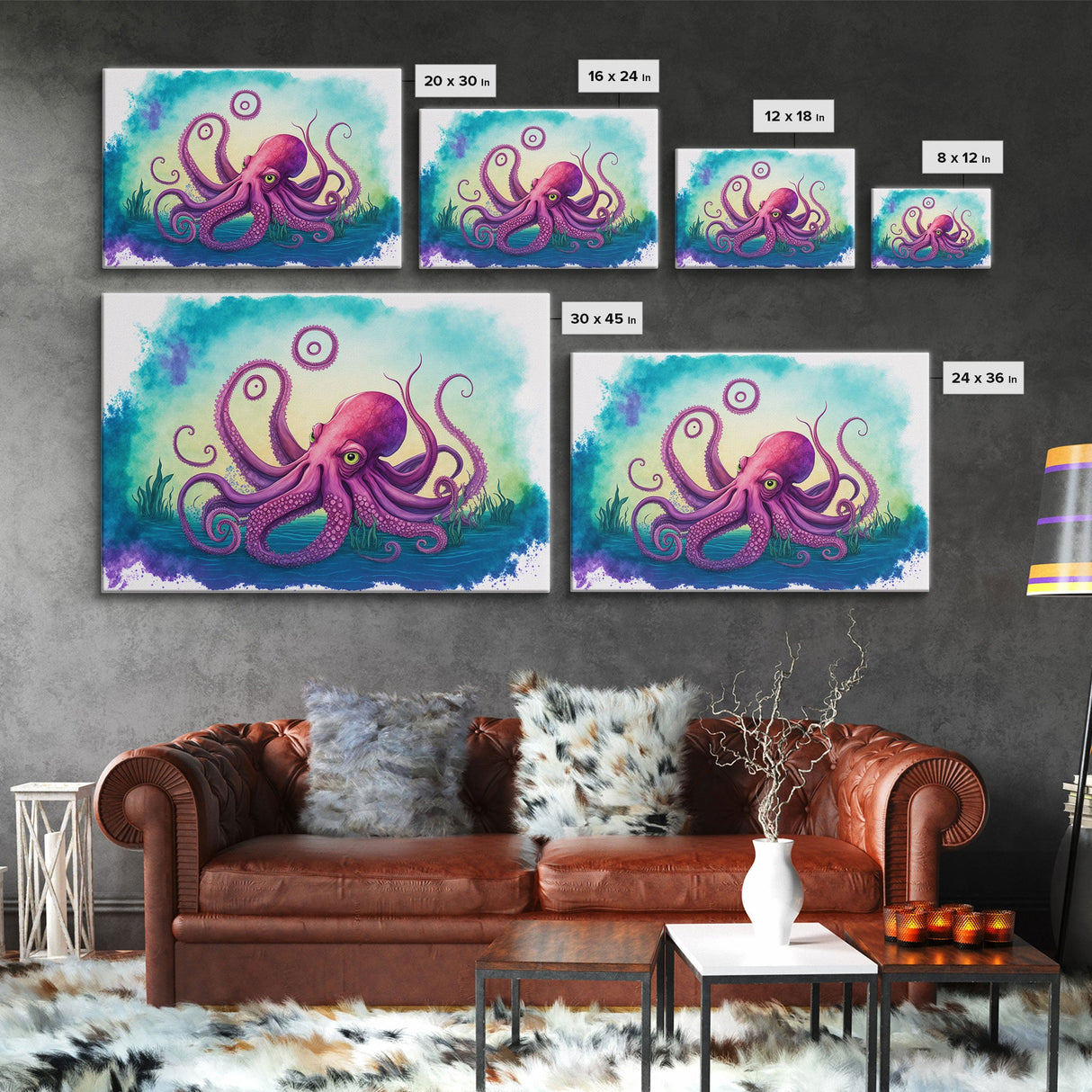 Octopus Art, Animal Prints, Framed Canvas Print, Ocean Themed Wall Art