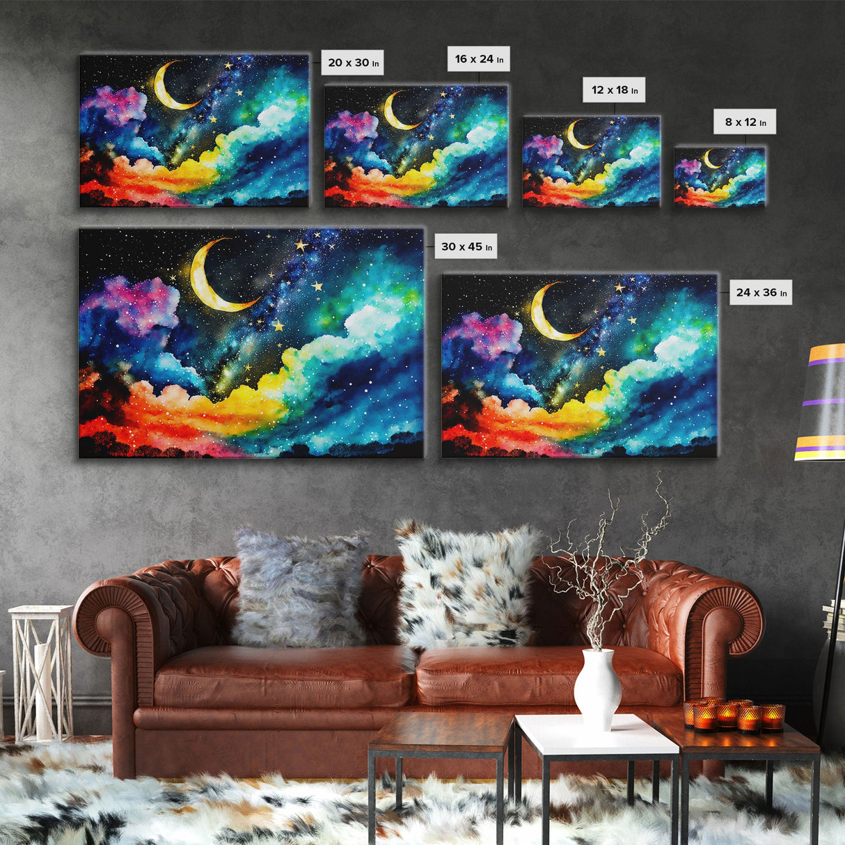 Rainbow Starry Night Sky, Milky Way Galaxy Abstract, Framed Canvas Print, Unique Scifi Space Art, Nursery Art For Kids