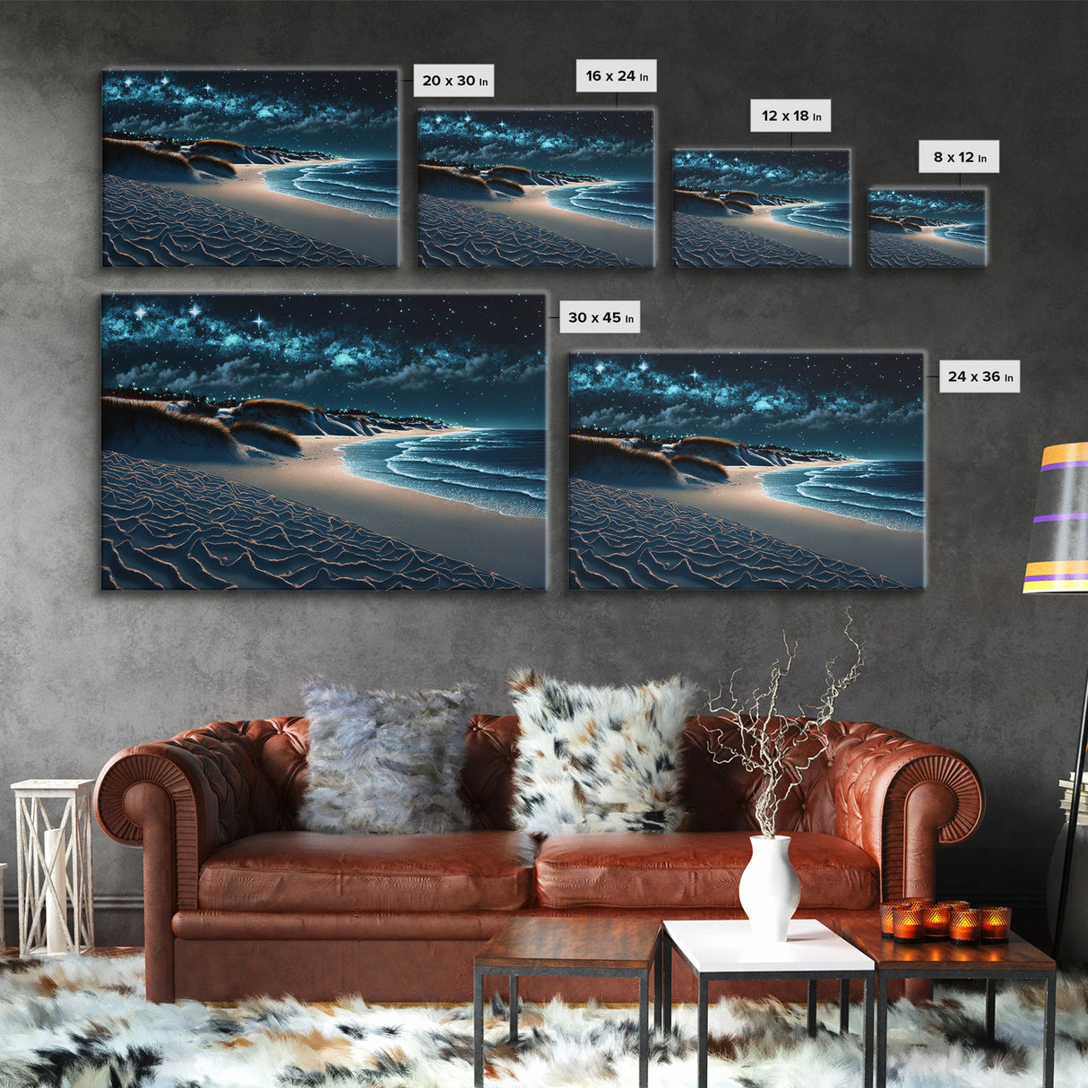 Painting Of a Beach at Night, Canvas Print, Framed Canvas Art, Starry Night Sky, Beach House Art, Large Living Room Art